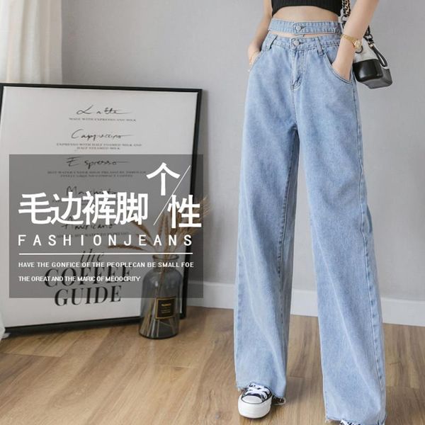 

jujuland woman jeans high-waisted straight leg jeans casual blue solid pants waistline pants 7036