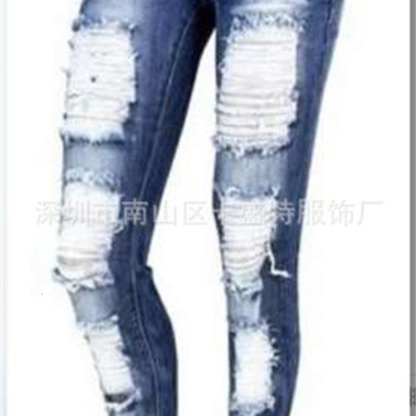 

europe 2020 summer new white denim large hole elastic jeans, Blue