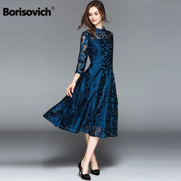 

borisovich women casual long dress new brand 2020 autumn vintage chinese style a-line big swing elegant female lace dresses m845, Black;gray