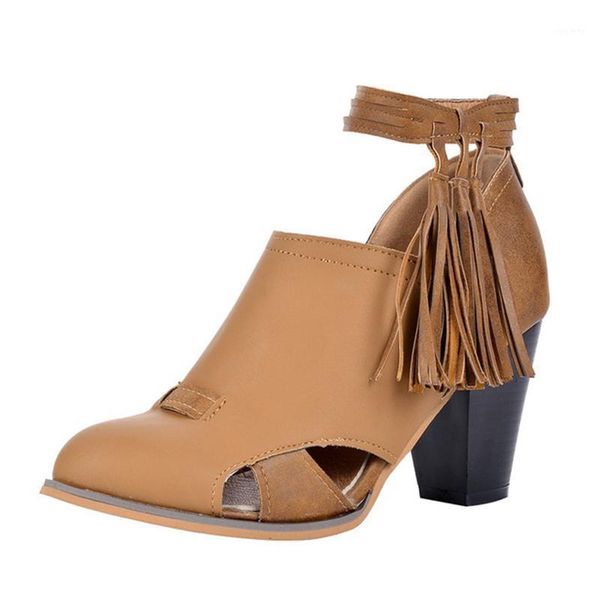 

woman tassel pumps women's ankle wrap retro hollow out women square heels solid female round toe casual footwear plus size1, Black