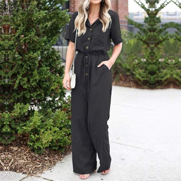 

zanzea elegant women short sleeve solid jumpsuits summer wide leg overalls drawstring rompers elastic waist dungarees streetwear1, Black;white