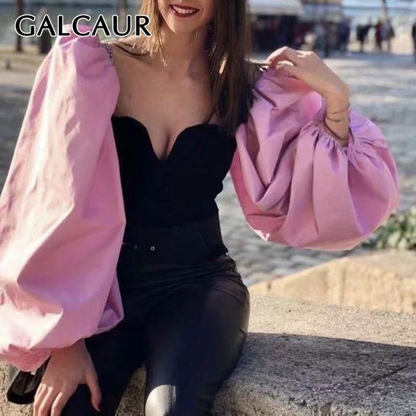 

galcaur лоскутное рубашки для женщин квадратный воротник фонарь с длинным рукавом хит цвет high street короткие блузки женский 2020 осенний, White