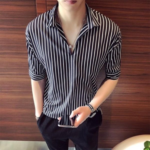 

men's casual shirts 2021 korean summer half sleeve striped shirt mens loose fit men fashion boyfriend style clothes high quality, White;black