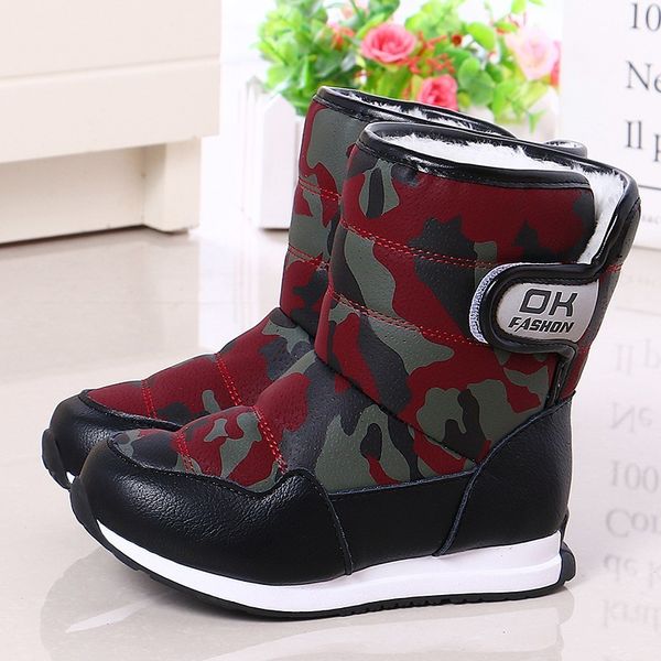 

snow 2020 leather boots mid-calf children kids winter shoes for girls boys camouflage with fur plush warm children's girl shoe, Black