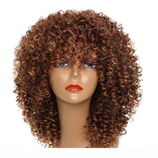 

curly wig with bang fringe for black women short brazilian hair 12 inches brown human african hair with wig cap 150% density, Black;brown
