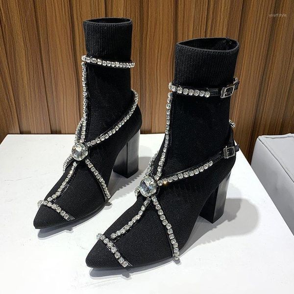 

rhinestone chain cross strap elastic socks boots women pointed toe knitting stretch high heel boots femme ankle1, Black