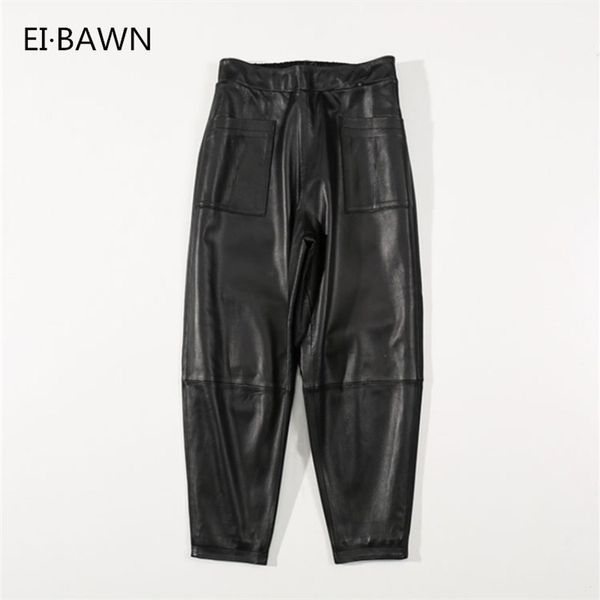 

autumn winter pant women real sheepskin black xxxl plus size loose casual street style ladies trousers genuine leather 201228, Black;white