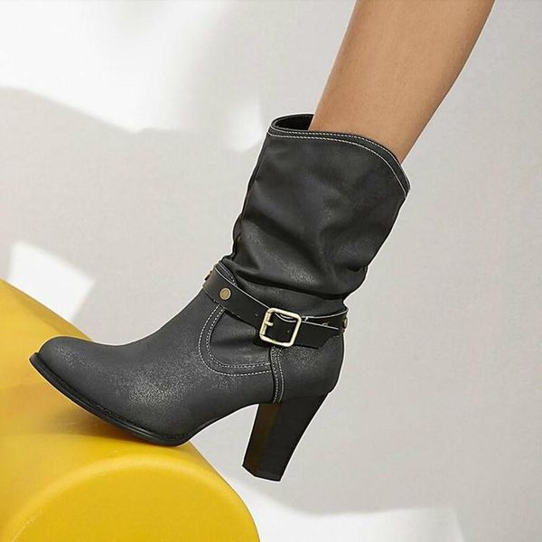 

boots women mid-calf high heels shoes woman booties vintage pu leather matin shoe chaussures femme zapatos mujer sapato d2371, Black