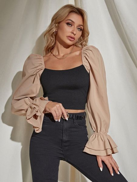 

bell sleeve colorblock crop q2v6#, White