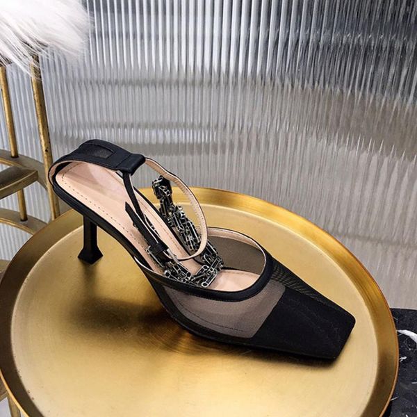 

dress shoes fashionable mesh crystal sandals high heel square toe chain elegant ladies mary janes formal party women, Black