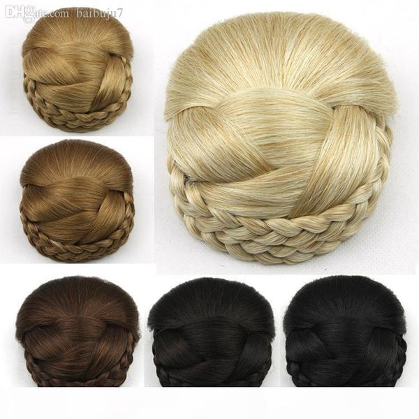 

wholesale-blonde braided clip in hair bun, hair chignon hairpiece, donut roller bun hairpiece, color 1003, Black;brown