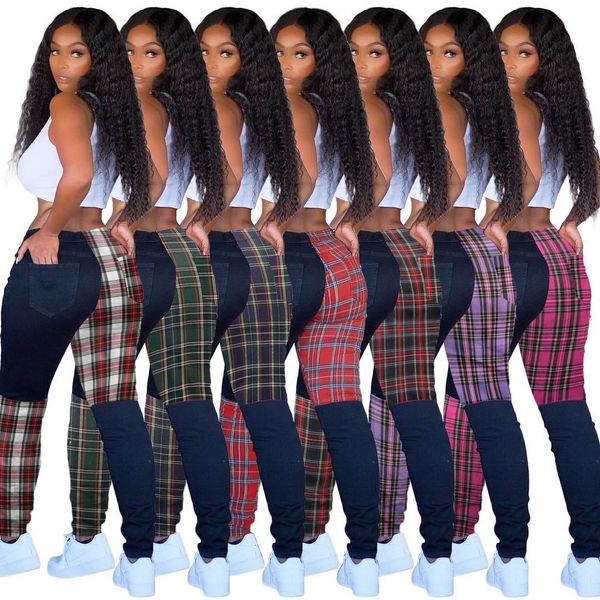 

casual plaid contrast color design tight pencil pants for women dl8029