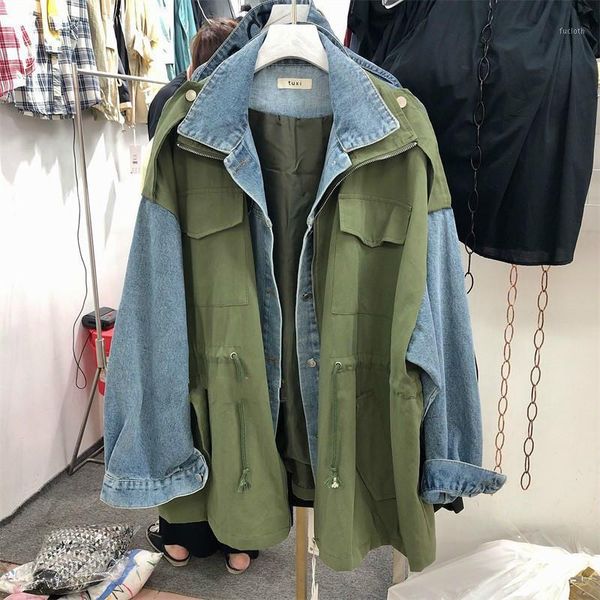 

korea 2020 autumn loose version of denim stitching tooling jacket wild drawstring waist slimming fashion coat b6021, Black;brown