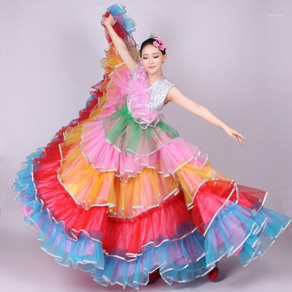 

new multicolored dance big swing skirt sequins long skirt performance costume dance big swing female costumes1, Black;red