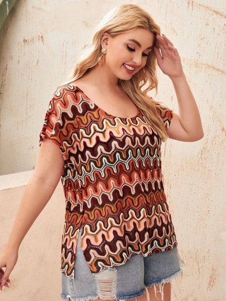 

plus allover print split hem cover up q8dq#, Black