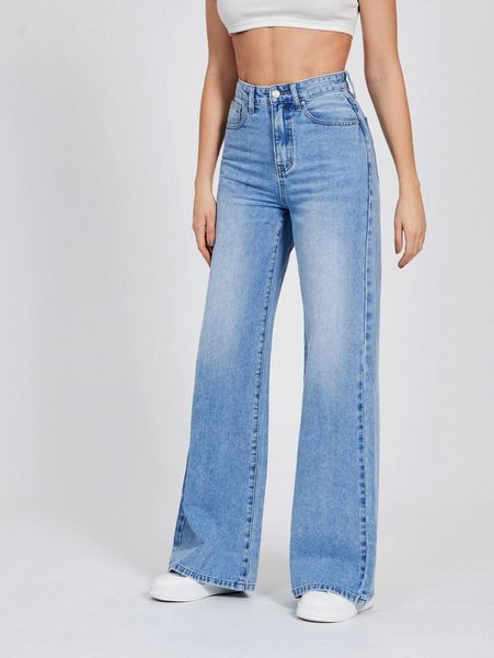 

tall high waist bleach wash wide leg jeans d5a4#, Blue