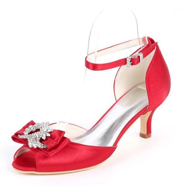 

kitten heels satin wedding shoes for bride peep toe ankle buckle strap crystals evening formal party women dress pumps1, Black