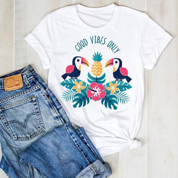 

women lady pineapple flower floral print fruit beach ladies summer t tee tshirt womens female shirt clothes graphic t-shirt, White