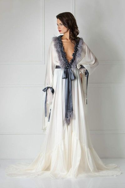 

women sleepwear bathrobe long silk kimono dressing gown lace lingerie bath robe wedding bride bridesmaid robes dressing gowns, Gray