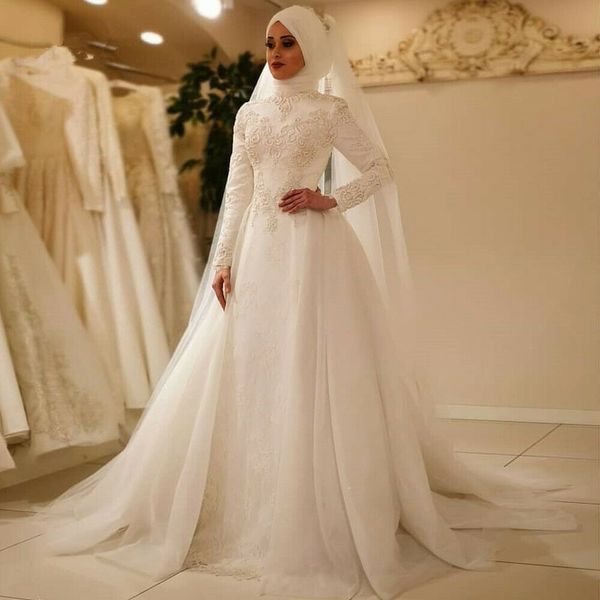 Abiti da sposa eleganti in raso a maniche lunghe in pizzo Abiti da sposa Abito musulmano