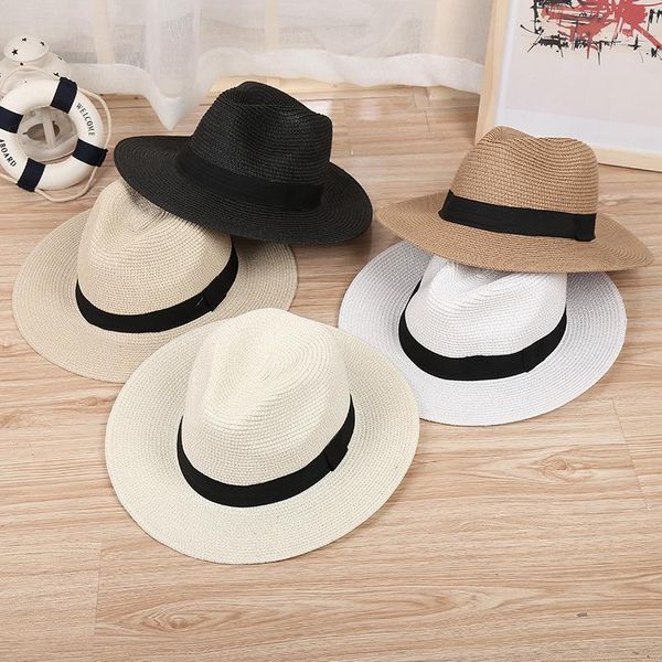 

2020 shade caps sun hat ribbon round flat straw beach panama hat summer hats for men women straw hats snapback gorras1, Blue;gray