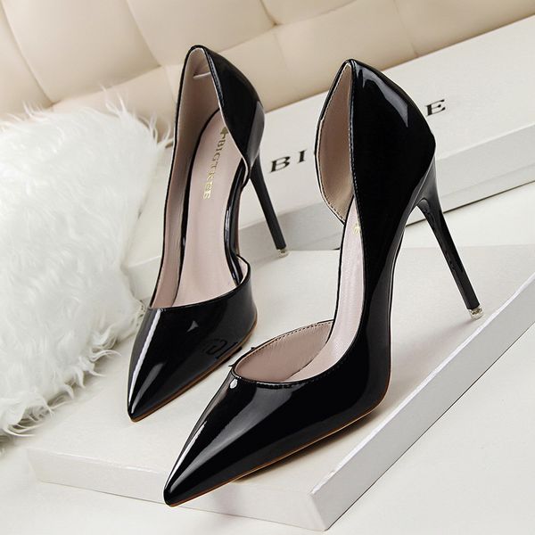 

women dress shoes spring autumn fashion cowhide square toe coarser heel high heels leather metal buckle lady designer heeled boat shoe large, Black