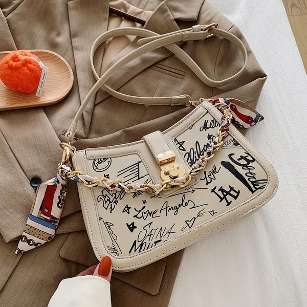 

graffiti printing fashion 2020 women's bag stylish words chain shoulder bags female small handbags ladies designer purse