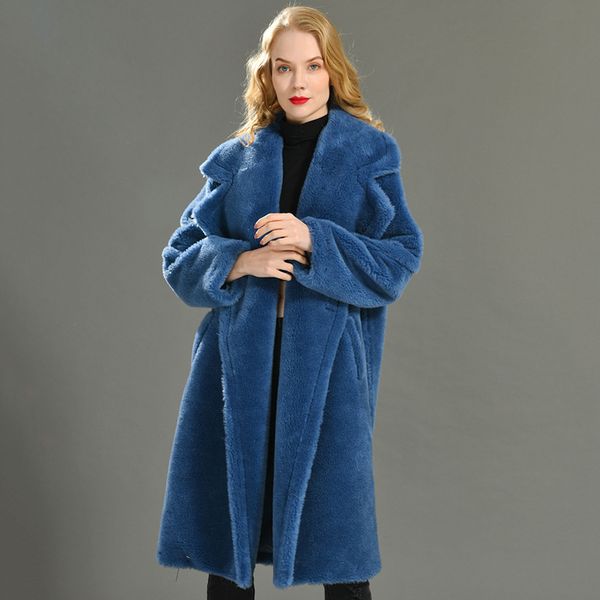 

women 100% real sheep shearling coat casual jacket autumn winter long sleeve lapel fur outerwear female wool teddy bear jacket lj201203, Black