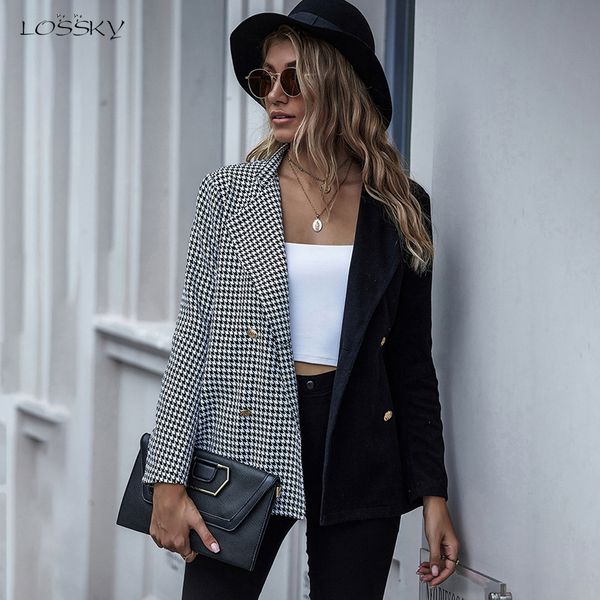 

blazer jacket women autumn winter clothes coat black and white plaid checkered double-breasted button cardigan suit fall 2020 c1008, White;black