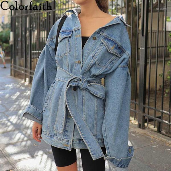 

colorfaith new 2020 autumn winter women's denim jackets sashes lace up outerwear high street fashionable blue long jeans jk89221, Black;brown