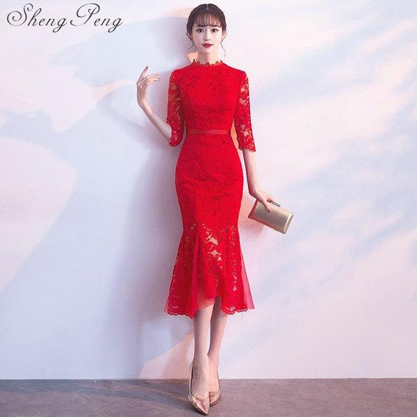 

ethnic clothing arrival chinese dress qipao half sleeve oriental style dresses elegant red black lace 2021 s-3xl cc3771