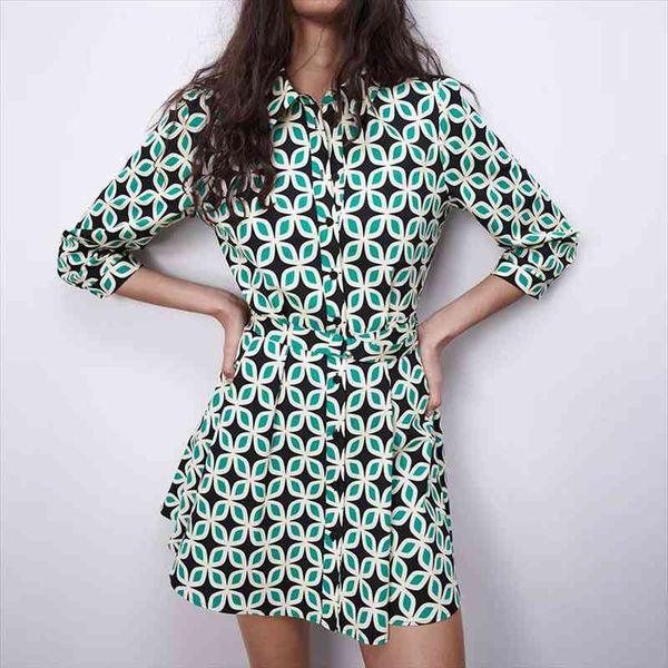 

women chic fashion button-up draped midi shirt dress casual three quarter geometric printing female dresses vestidos, Black;gray