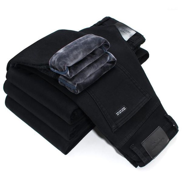 

2020 winter thick fleece for cold men warm slim jeans elasticity skinny black jeans fashion casual pants trousers1, Blue