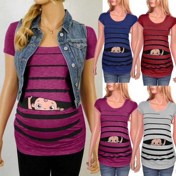 Muqgew maternity roupas camisetas para mulheres maternidade bonito bebê engraçado impressão listrado manga curta t-shirt grávidos premama lj201118