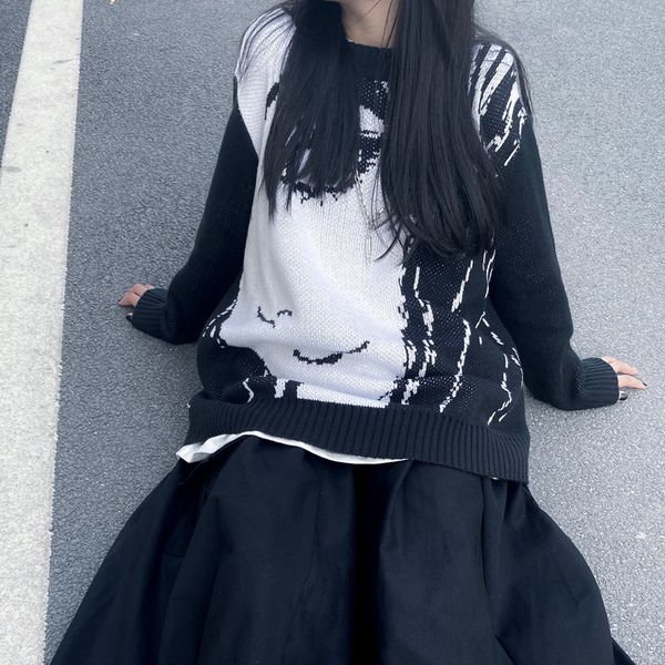 

2021 autumn women vintage loose round neck long sleeve knit harajuku cartoon character man sweater 0fu9, White;black