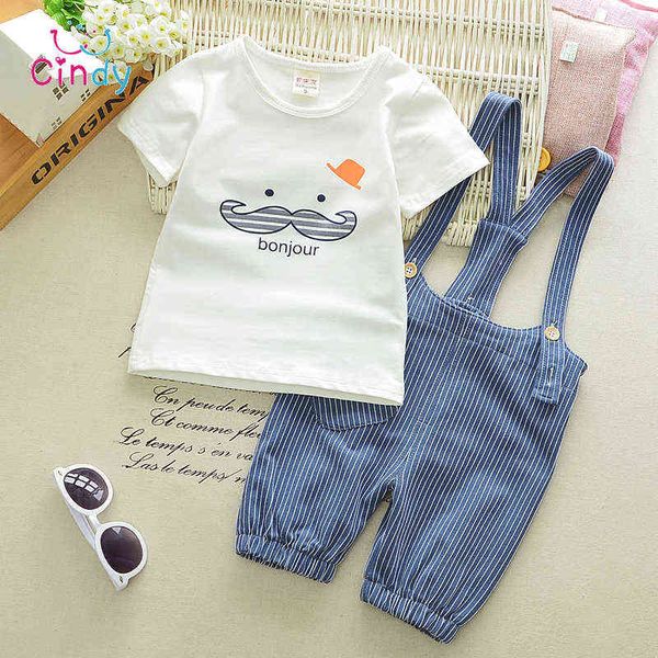 Mädchen Jungen Kleidung Set Kurzarm T-Shirt Trägerhose 2 Stück Set Cartoon Schnurrbart Set Overalls Kinder Sommer Kleidung G220217