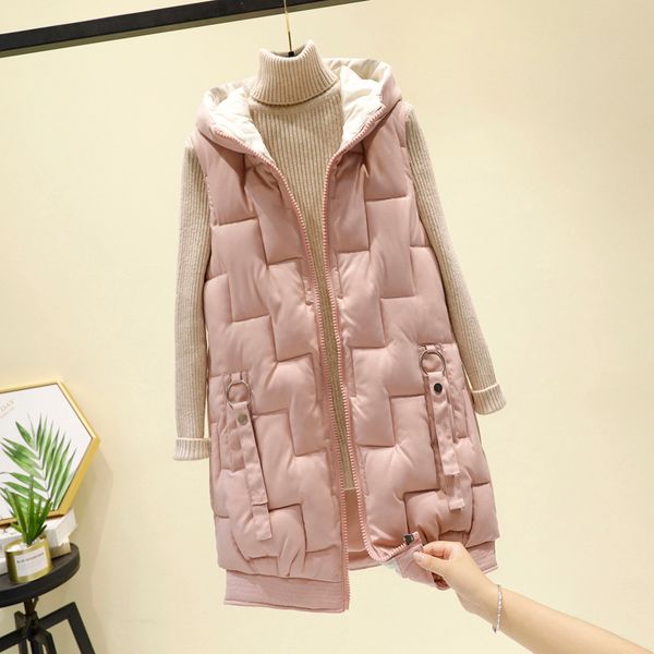 

autumn winter long puffer vest women hooded thick pink padded jacket female casual waistcoat ladies sleeveless coat outwear 1027, Black;white