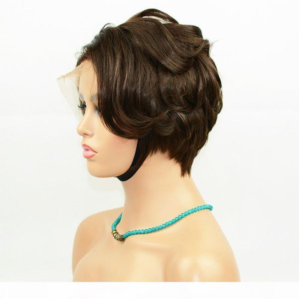 

vancehair 4# color full lace human hair short wavy wigs short human hair pixie cut layered bob wigs, Black;brown