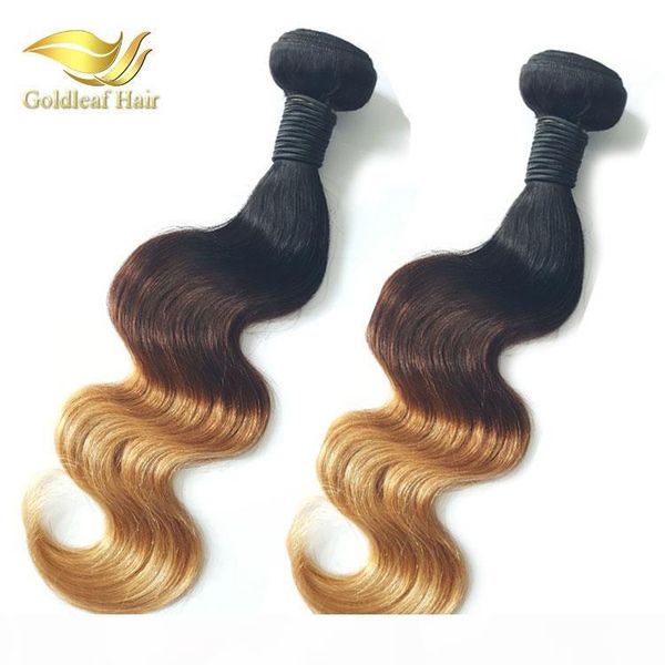

1b 4 27 blonde human hair weaves body wave wavy virgin malaysina peruvian brazilain 3 bundles three tone colored ombre hair wefts extensions, Black