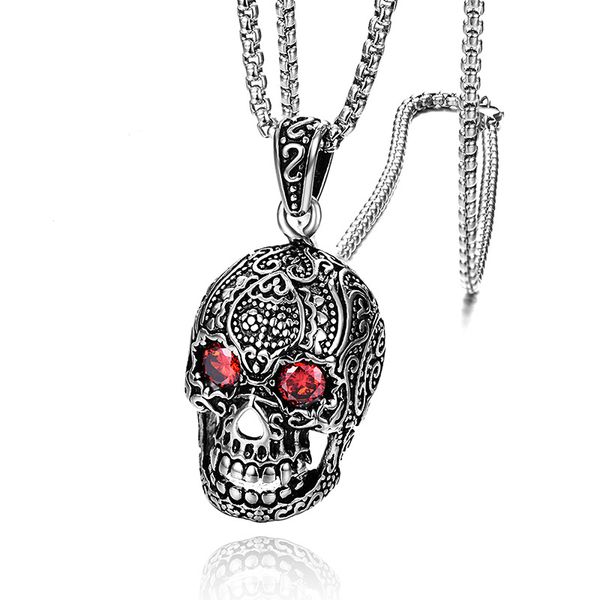 

cool man jewelry 316 stainless steel red gemstone skull pendant necklace for wholesale, Silver