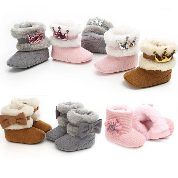 

first walkers winter baby shoes thick warm plush girl boots crown flower bows tassel cotton anti-slip sole infant snow1