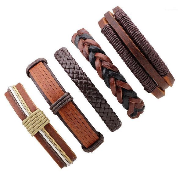 

a sport simple five-piece leather brown series bracelet leather woven bracelet men's mood1, Golden;silver