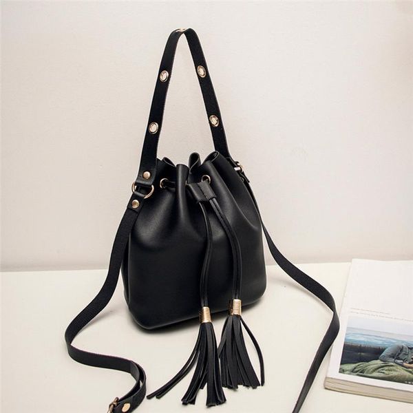 

women bucket tassels pu leather messenger bag handbags ladies small shoulder bags tote bag female vintage sling handbag #40