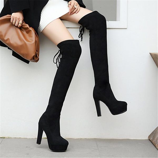 

boots 2021 fashion women autumn winter over the knee heels quality suede long comfort square botines mujer thigh high boots1, Black
