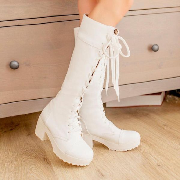 

new fashion women's cosplay shoes lacing-up boots knight boots lady high-chunky winter black.white plus size 35-43