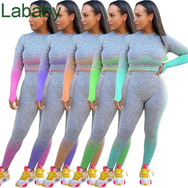 

women tracksuit two pieces set gradient colour high waist long sleeve trousers ladies new fashion casual sportwear outfits 2020, White