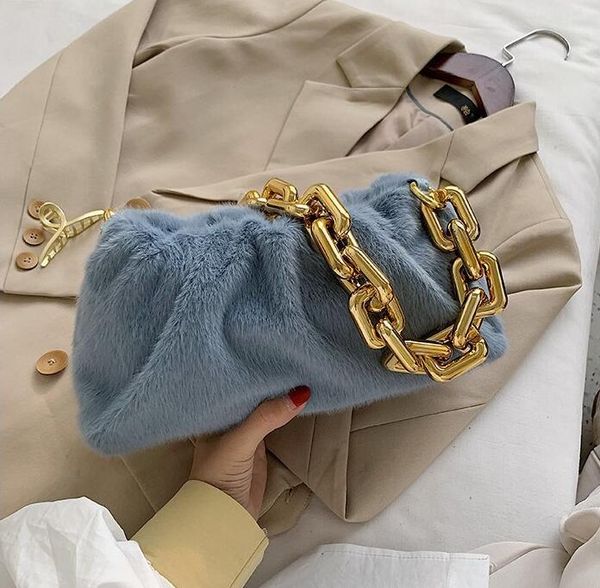 

thick chain handbag lady noble shoulder bag fur crossbody women bags fashion clouds bag
