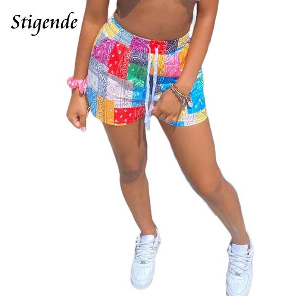 

women's shorts stigende women fashion paisley print summer beach loose drawstring waist casual midi patchwork short pants, White;black