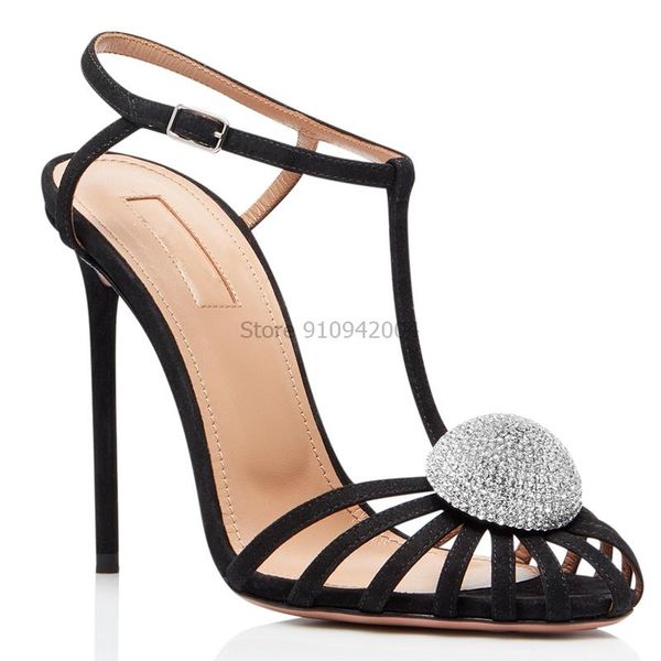 

2021 summer crystal ball sandals ankle buckle heel black princess shoessummer sandasl
