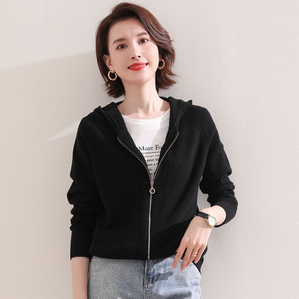 

2021 pure goat dandruff knitted shirt 100% women in upper-class cardigans hood jumpers the female winter jackets s7vx, White;black
